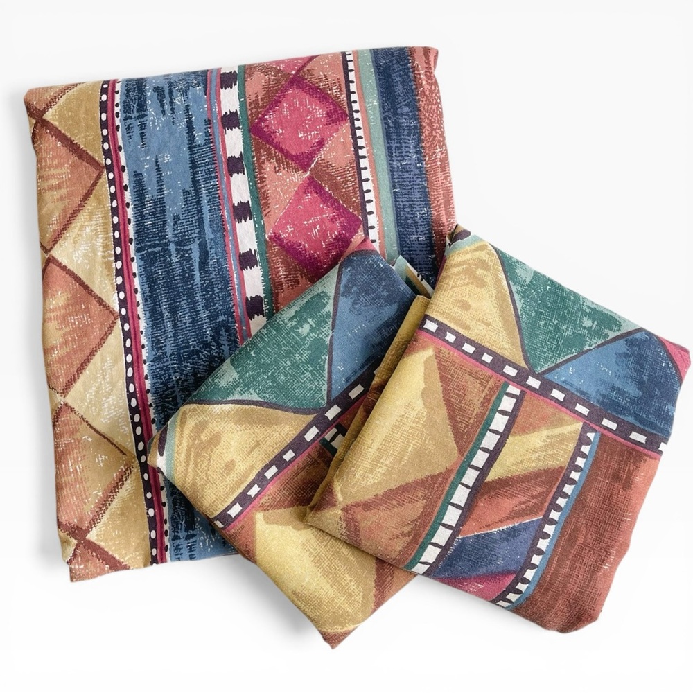 Vintage Dan River Southwestern Multicolor Queen Flat Sheet & 2 Pillow Cases 90s